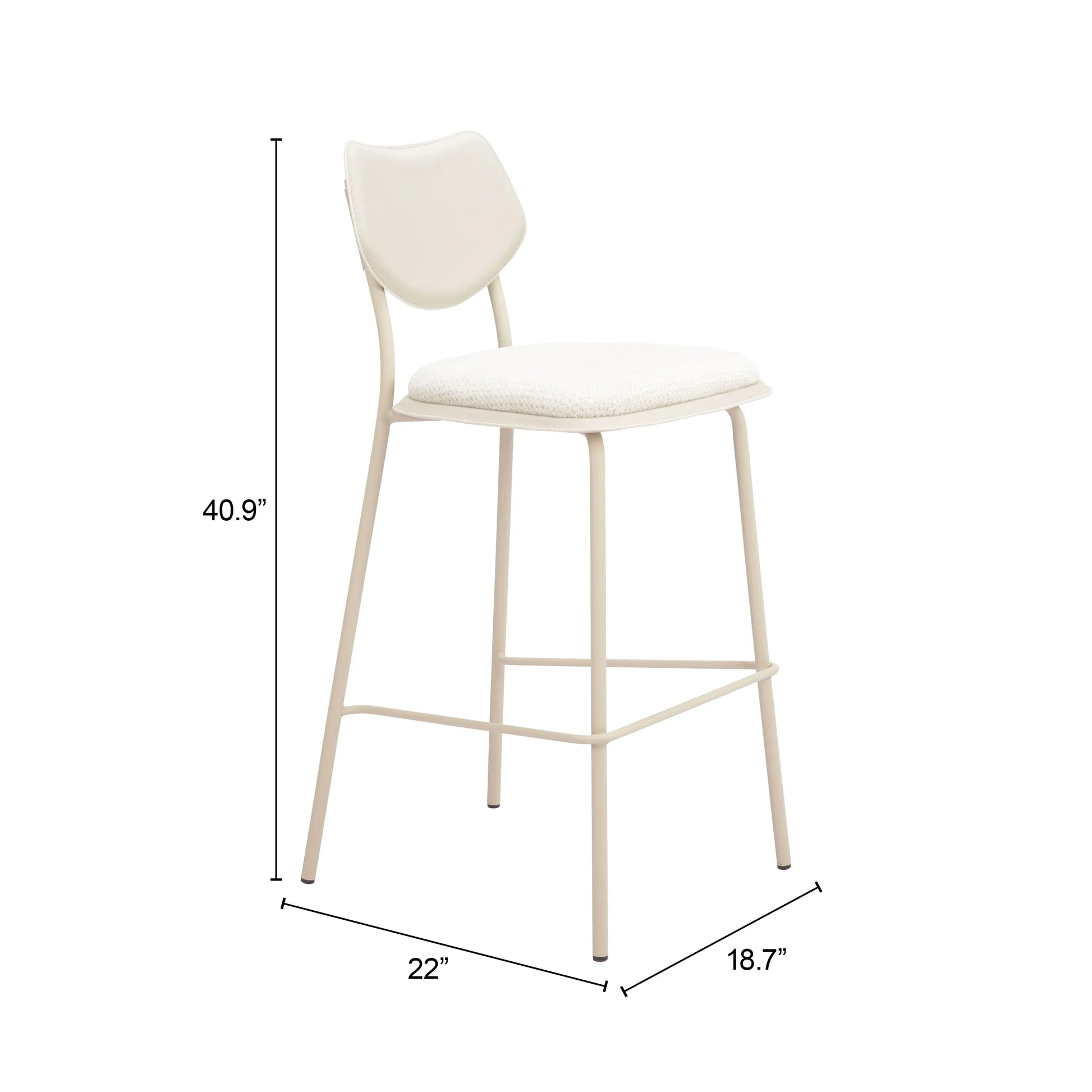 light gray and beige bar stool with dimensions on a white background