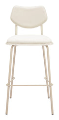 White bar stool with cushioned seat and backrest on a white background