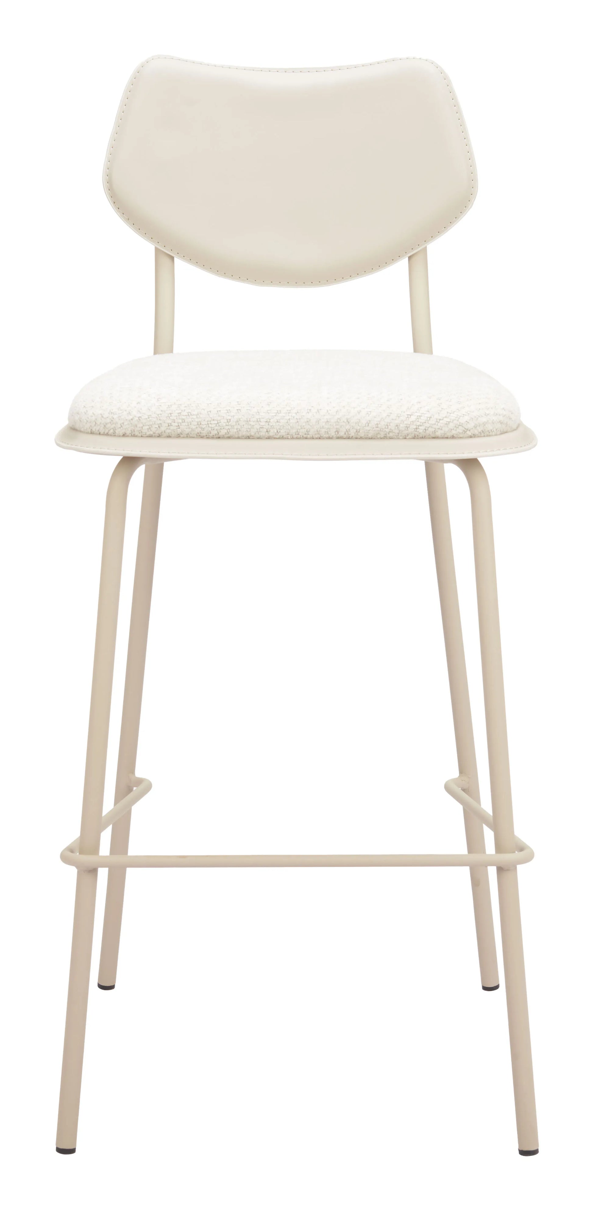 White bar stool with cushioned seat and backrest on a white background