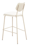 Beige bar stool with white cushioned seat on a white background