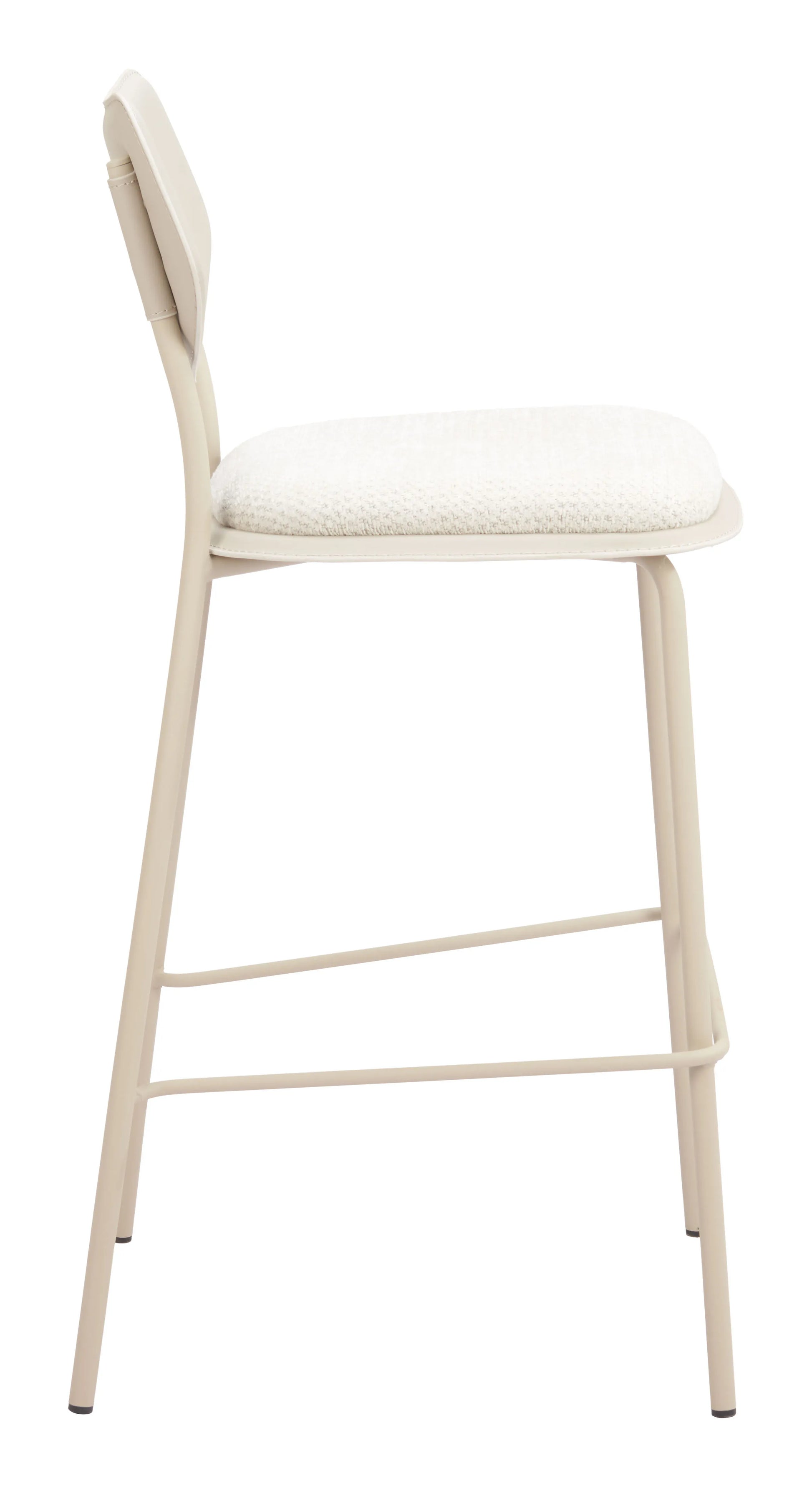 Beige bar stool with white cushioned seat on a white background