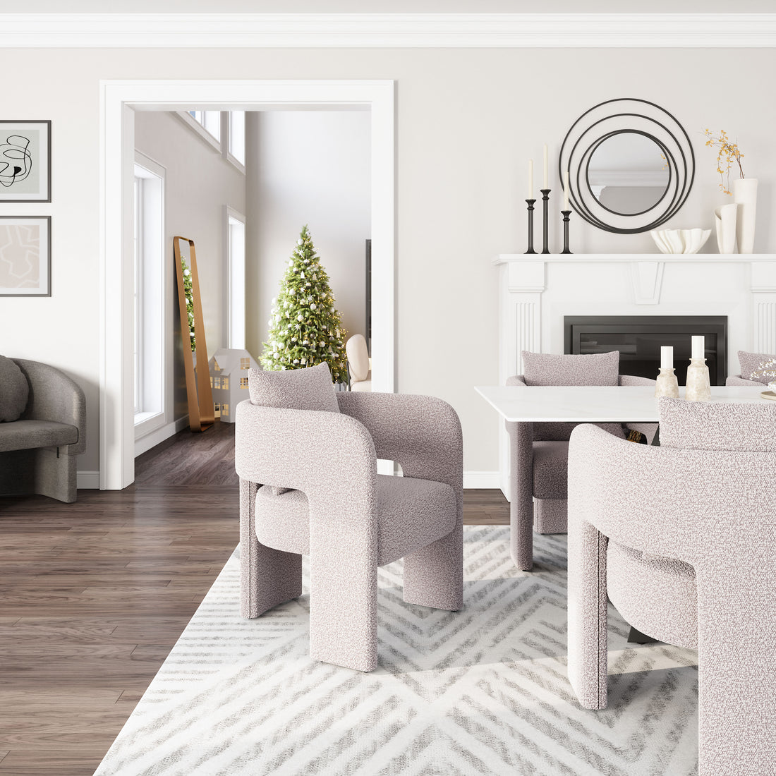 Melilla Dining Chair Misty Gray styled for a transitional living room space.